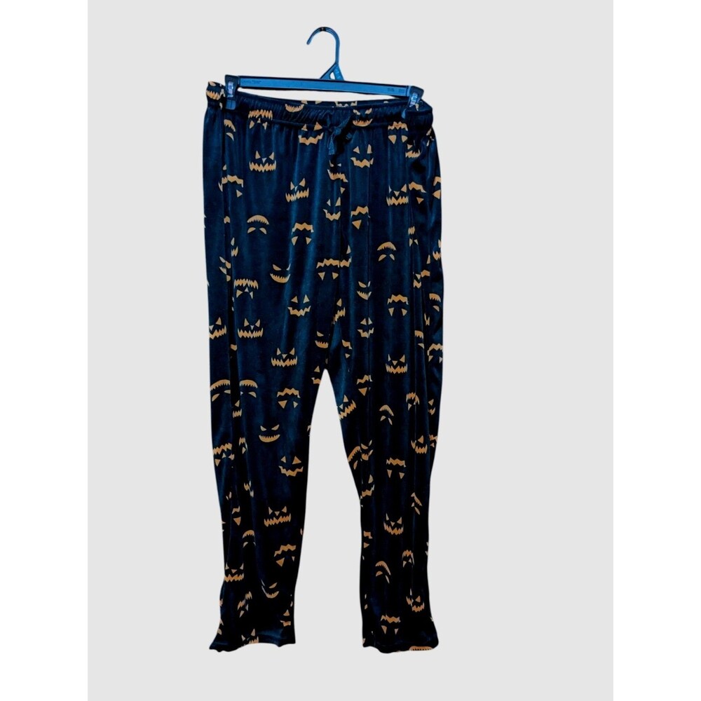 Spooky Pumpkin Faces Halloween Black Pajama Pants  With Drawstring